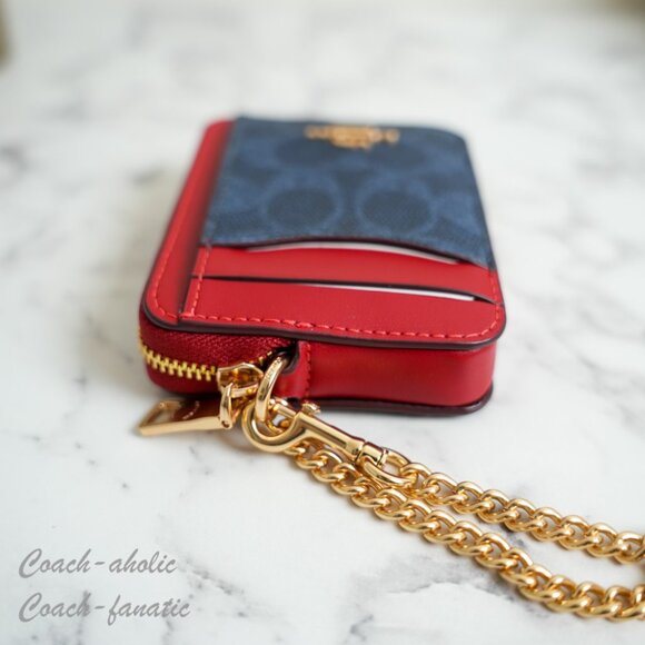 NWT Coach CW883 Zip Card Case In Signature Canvas Denim/Bold Red - Picture 3 of 8